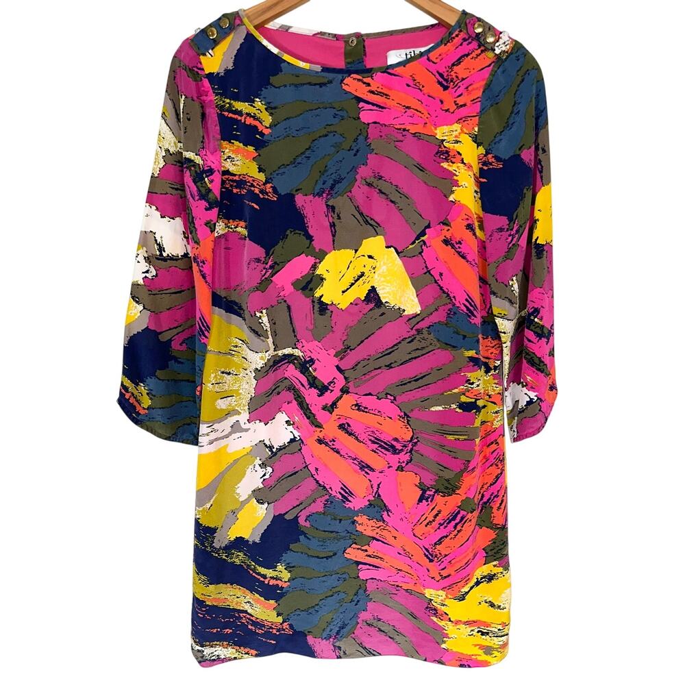 Tibi Mod Abstract Colorful Silk Shift 3/4 Sleeve Mini Dress Size 4